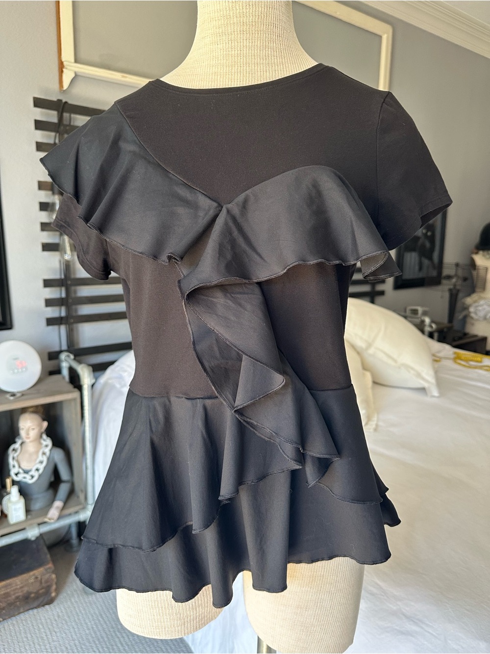 White House Black Market Black Ruffle Peplum Short-Sleeve Top, size medium - Picture 3 of 14